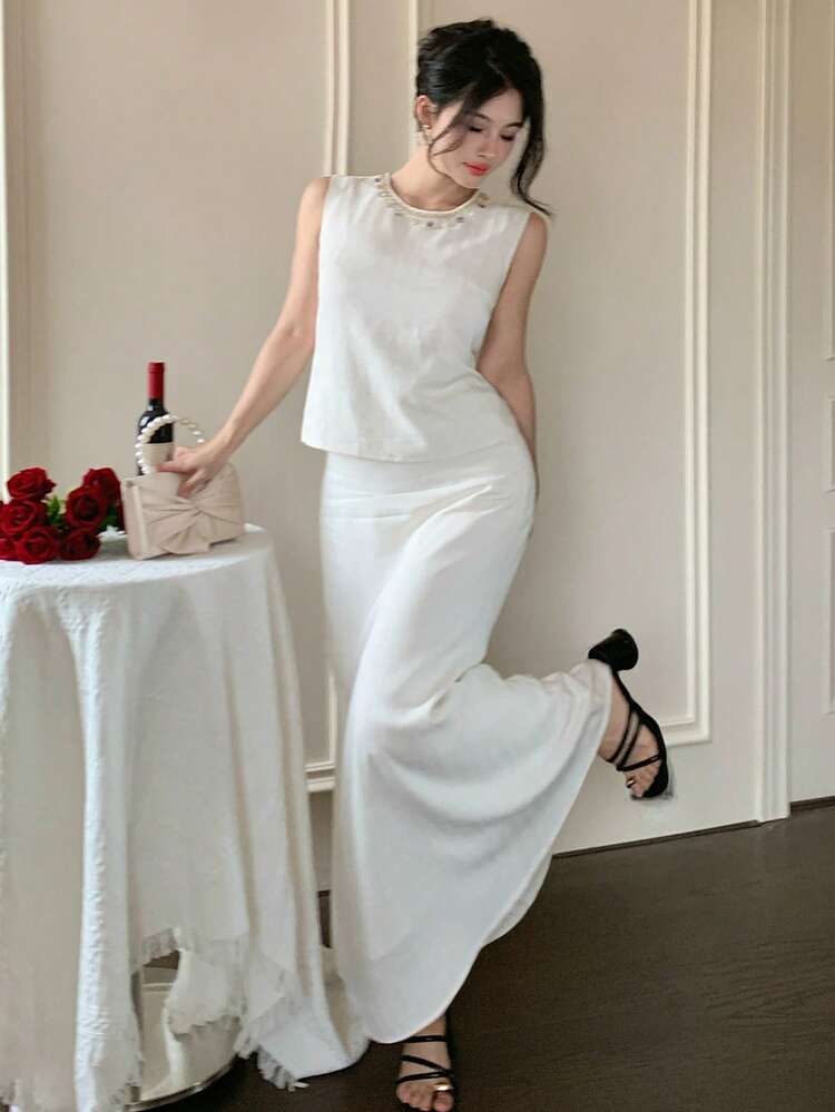 Summer Business Casual Office Wear Beaded Decor Vest Top And Solid Color Minimalist Commuter Skirt 2 Pieces Set For Women Vacation