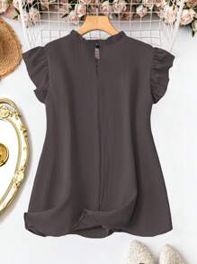 Plus Size Women Summer Solid Color Round Neck Ruffle Trim Short Cap Sleeve Blouse