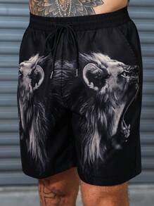 Manfinity LEGND Conjunto de camisa de manga corta con estampado de león y shorts de verano para hombre