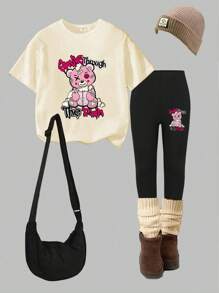 SHEIN 2 件套幼儿女童休闲时尚舒适简约卡通熊和字母印花短袖圆领 T 恤和长打底裤套装，夏季 - 杏色 - 查看 4