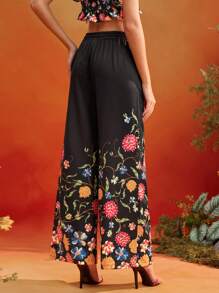 Oxana Frida Kahlo X SHEIN X Designer 黑色碎花松紧腰可调节抽绳阔腿女裤夏季假日 - 彩色 - 查看 2