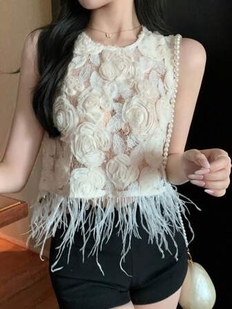 DAZY Summer Elegant Organza 3D Floral Lace Embellished Sheer See-Through Fringe Hem Sleeveless Blouse For Women,Crop Tops Women