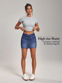Flexra Women's Ombre Crossover Waist Fitted Casual Denim Mini Skirt, Summer - Blue - View 6