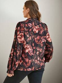 EMERY ROSE Plus Size Women's Elegant Chiffon Floral Button-Up Loose Long Sleeve Shirt With Contrast Lace And Ruffle Cuffs In Metallic Colors - Multicolor - View 2