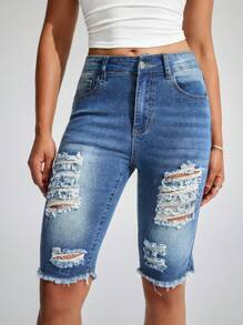 SHEIN Essnce Ripped Pocket Color Contrast Casual Versatile Skinny Denim Capri Pants - Dark Wash - View 3
