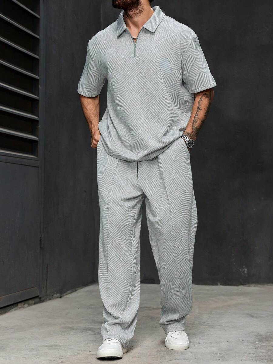 Manfinity Homme Conjunto de camisa polo de manga corta y pantalones cortos de unicolor informal para hombres de talla grande - Gris - Ver 1