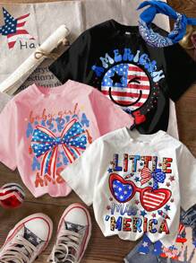 SHEIN Leap Crew 4th Of July, Cute Red & Blue Flag , Bow Graphic, Young Girl Casual Cartoon Pattern Tee Shirt 3pcs Set, Summer - Multicolor - View 1