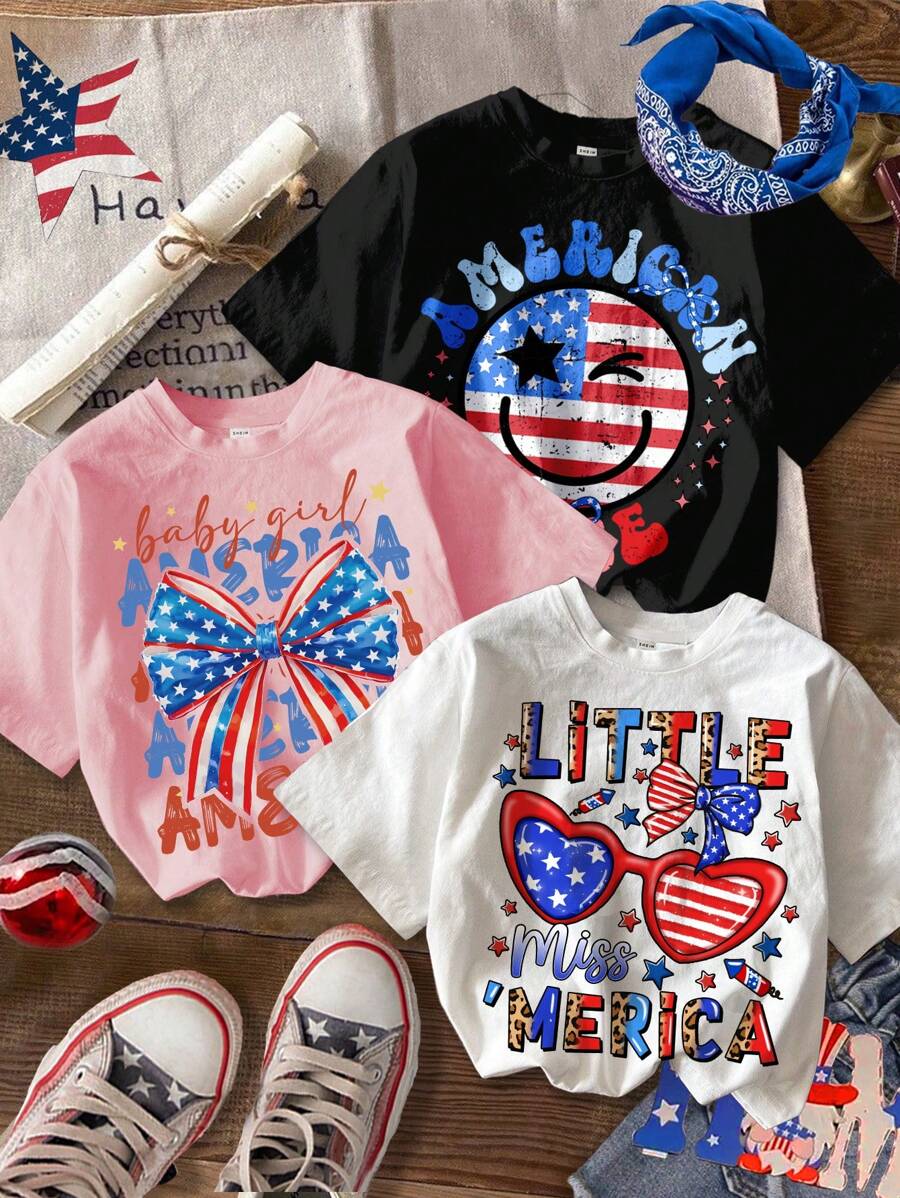 SHEIN Leap Crew 4th Of July, Cute Red & Blue Flag , Bow Graphic, Young Girl Casual Cartoon Pattern Tee Shirt 3pcs Set, Summer - Multicolor - View 1