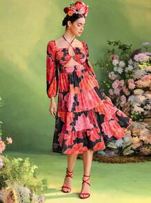 TIYA Frida Kahlo X SHEIN X Designer Floral Printed Bishop Sleeves Halter Neck Smocking Layered Midi Dress Women Summer Dress - Multicolor - View 3