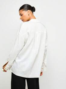 超大号亚麻纽扣衬衫办公室休闲长袖衬衫商务专业工作服简约经典纹理 - 白色 - 查看 2