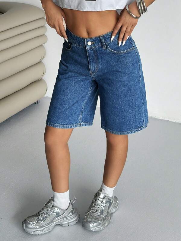 SHEIN Pantalones cortos vaqueros informales de cintura baja con bolsillos sesgados