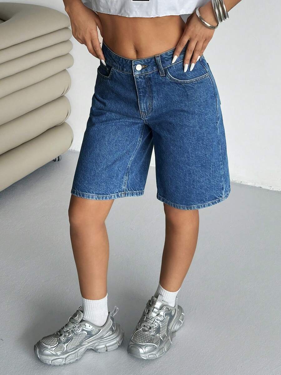 SHEIN Pantalones cortos vaqueros informales de cintura baja con bolsillos sesgados