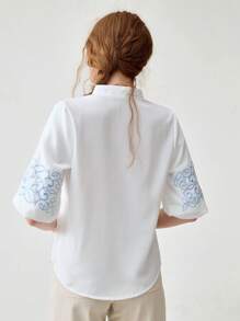 Florisole Lässiges, schickes, süßes Oberteil mit V-Ausschnitt, bestickten Puffärmeln, bequem & atmungsaktiv, Alltagskleidung & Urlaub, weiß, Damen Frühling/Sommer