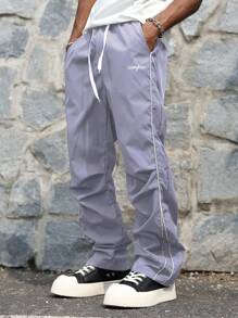 Manfinity Hypemode 男士休闲字母印花抽绳腰裤 - 淡紫色 - 查看 3