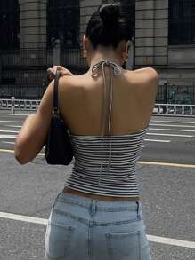 DAZY 女式夏季串珠吊带无袖黑白条纹背心，返校服装 - 灰色 - 查看 2