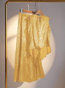 Modelyn 2 Pieces Set: Asymmetrical Twist Collar Top & Skirt With Drape Hem, Yellow Shiny - Yellow - View 2