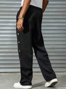 Manfinity EMRG 2025 新款男士纽扣印花宽松直筒裤，Y2K 街头风格，送给男朋友/丈夫的礼物 - 黑色 - 查看 5