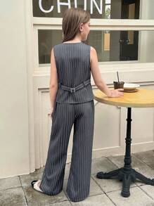 SHEIN Conjunto de 2 piezas con blazer sin mangas de cuello cuadrado a rayas y pantalones de pierna ancha para niña preadolescente - Gris Oscuro - Ver 12