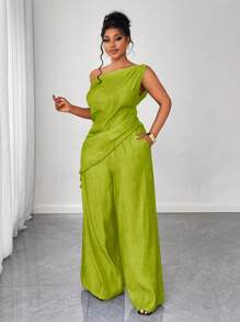 Maweii 大码女式两件套 - 优雅纯色不对称衬衫和裤子，夏季 - 青檸色 - 查看 6