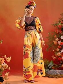 ISELACOS Frida Kahlo X SHEIN X Designer Polka Dot Transparent Mesh Printed Lantern Sleeves Sexy Top Women Summer Top - Multicolor - View 5