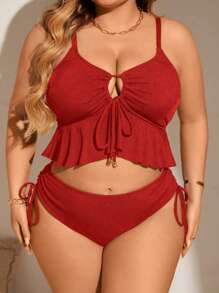 Swim Lushoire 大码女式露背坦基尼泳衣 - 紅色 - 查看 5