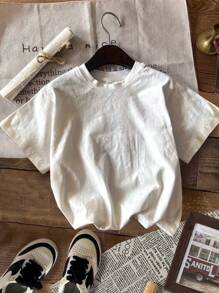 Tween Girl Casual Stylish Starfish, Seahorse, Shell, Seashell Graphic Tee With "STUNNING ALL THE TIME TREASURE REVEL IN THIS CHARMING WORLD" Text And Pearl Decor Print On Back, Short Sleeve Crew Neck T-Shirt, Suitable For Summer