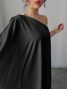 Elenzga 女式不对称领口蝙蝠袖连衣裙 - 黑色 - 查看 6