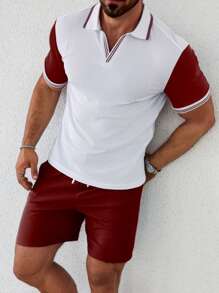 Manfinity Homme Men's Summer Striped Short Sleeve Polo Shirt And Shorts Casual Set - White - View 1