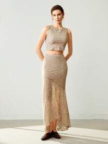 Uhlyne Modisches ärmelloses gestricktes Crew Neck Fitted Top und asymmetrischer Saum Rock Zwei-Teiler Set, einfacher eleganter Stil für Frauen - Khaki - Übersicht 3