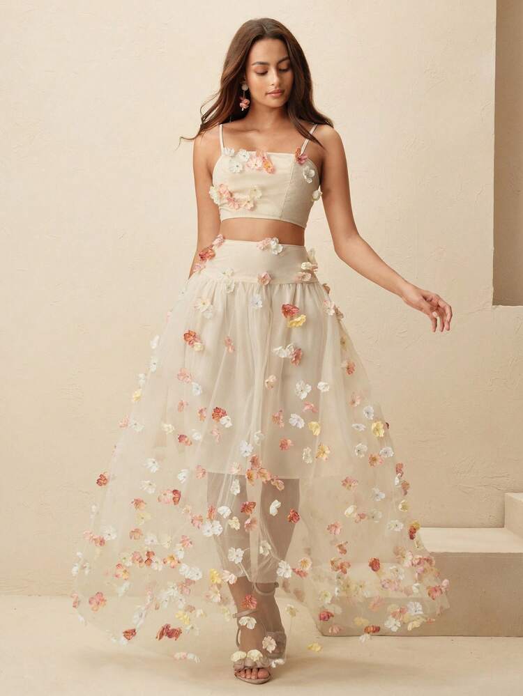 2pcs Women Mesh Floral Camisole Top And High Waist Long Skirt Set, Slimming