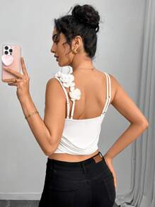 SHEIN Clasi Standard Size Women Design Floral Strap Slim Back Tank Top - White - View 6