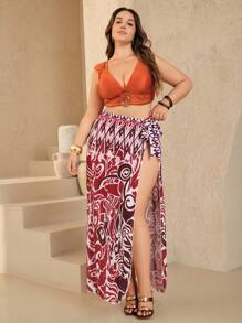 Swim Oasis Plus Size Women Digital Printing Swimwear Set (Separate Top And Bottom) + Beach Wrap Skirt Vacation Suit Beach Outfit For Summer - Orange - View 3