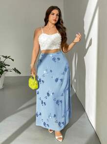 Firerie Falda de talla grande para mujeres con dobladillo fluido y bordado floral elegante