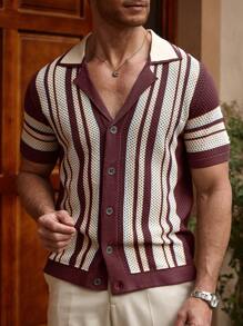 Manfinity CityGents Camiseta de punto de cuello redondo de manga corta con rayas verticales de contraste para hombre, de verano