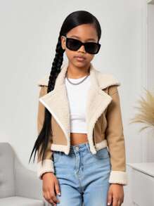 SHEIN Tween 女童休闲长袖立领夹克，秋冬 - 卡其色 - 查看 1