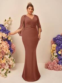 SHEIN Belle Vestido largo de dama de honor de tela de gasa con volantes, cuello en V y borde de cola de sirena, elegante y romántico, talla grande