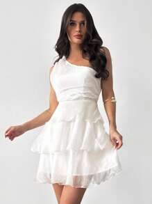 Firerie Váy ngắn lệch vai bằng vải tuyn Pompom nhiều lớp phong cách cổ tích lãng mạn thanh lịch, thích hợp cho các bữa tiệc và sự kiện, mùa hè - trắng - Xem 10