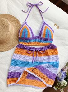 Comfortcana 2pcs Open Mesh Knitted Sweater Set, Fashionable For Summer - Multicolor - View 1