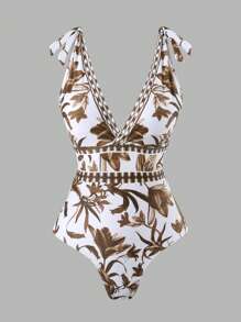 Swim Oasis Maiô Estampa Floral com Laço Decote em V sem Manga & Saia de Tule 2 Peças Conjunto de Praia para Mulheres, Premium - Multicolorido - Visão 4