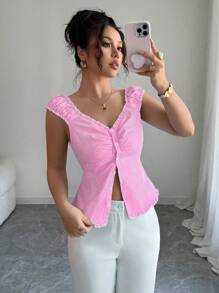 Elenzga 波西米亚风甜心领弹性腰部褶饰纽扣修身条纹女衬衫，春夏