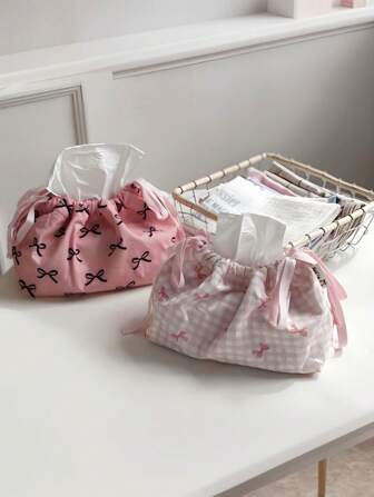 Kawaii 1 pièce Pochette en tissu à cordon coulissant en forme de nœud papillon, organisateur polyvalent, sac de rangement portable de bureau, accessoires d'intérieur de voiture, idée de cadeau