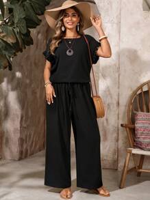 EMERY ROSE Plus Size Ruffle Collar Patchwork Blouse And Elastic Waist Drawstring Pants Two Pieces Outfit, Boho Casual Vacation Wear, Suitable For Spring/Summer Bohemian Clothes Vacation Two Pieces SetSummer Outfits For Women Wide Leg Pants Set Comfortable Two Piece Set - Black - View 6