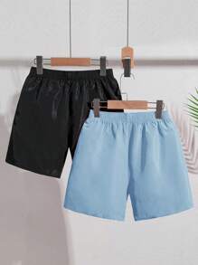 SHEIN 男童两件套纯色宽松梭织休闲沙滩/泳池短裤，2 种颜色 - 淺藍色 - 查看 2