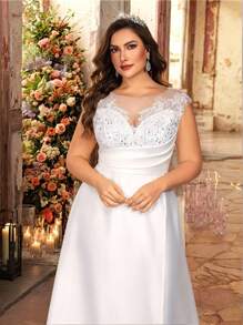 Glamrae Abito da sposa elegante e lussuoso con scollo a cuore, spalle aperte, arricciature, jacquard in raso, vita alta, taglio a trapezio e strascico, taglia grande