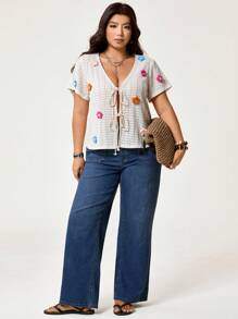 SHEIN LUNE Plus Size Women White 3D Flower Hollow-Out Lace-Up Short Sleeve Top,Summer Boho Vacation Y2k Clothes Vintage Streetwear All White Party 90s Streetwear - White - View 5