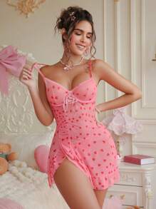 PetitDoll Set de 2 Vestido lencero sexy con corazón de malla para mujer (con aros, tanga)