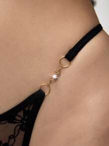 ROMWE Avant 时尚花卉蕾丝印花仿珍珠金属链丁字裤 - 黑色 - 查看 2