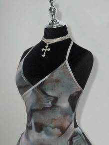 SHEIN ICON Mesh Print See-Through Asymmetrical Hem Halter Neck Tie Mini Dress,Club Outfits Women Sexy,Boho Clothes Women