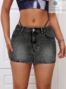 SHEIN ICON 女式休闲街头时尚性感低腰水洗牛仔迷你裙 - 深灰色 - 查看 1