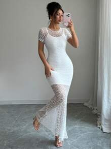 Elenzga Women's Summer Round Neck Short Sleeve Bodycon Maxi Dress Set, Mesh White Lace Maxi Dress & Camisole Mini Dress, Elegant For Dating, Party, Beach Vacation